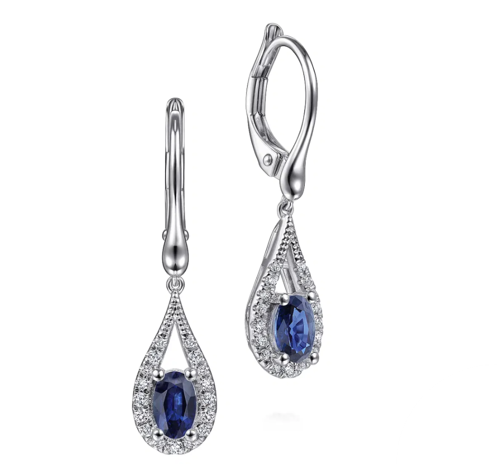14K White Gold Teardrop Sapphire and Diamond Drop Earrings